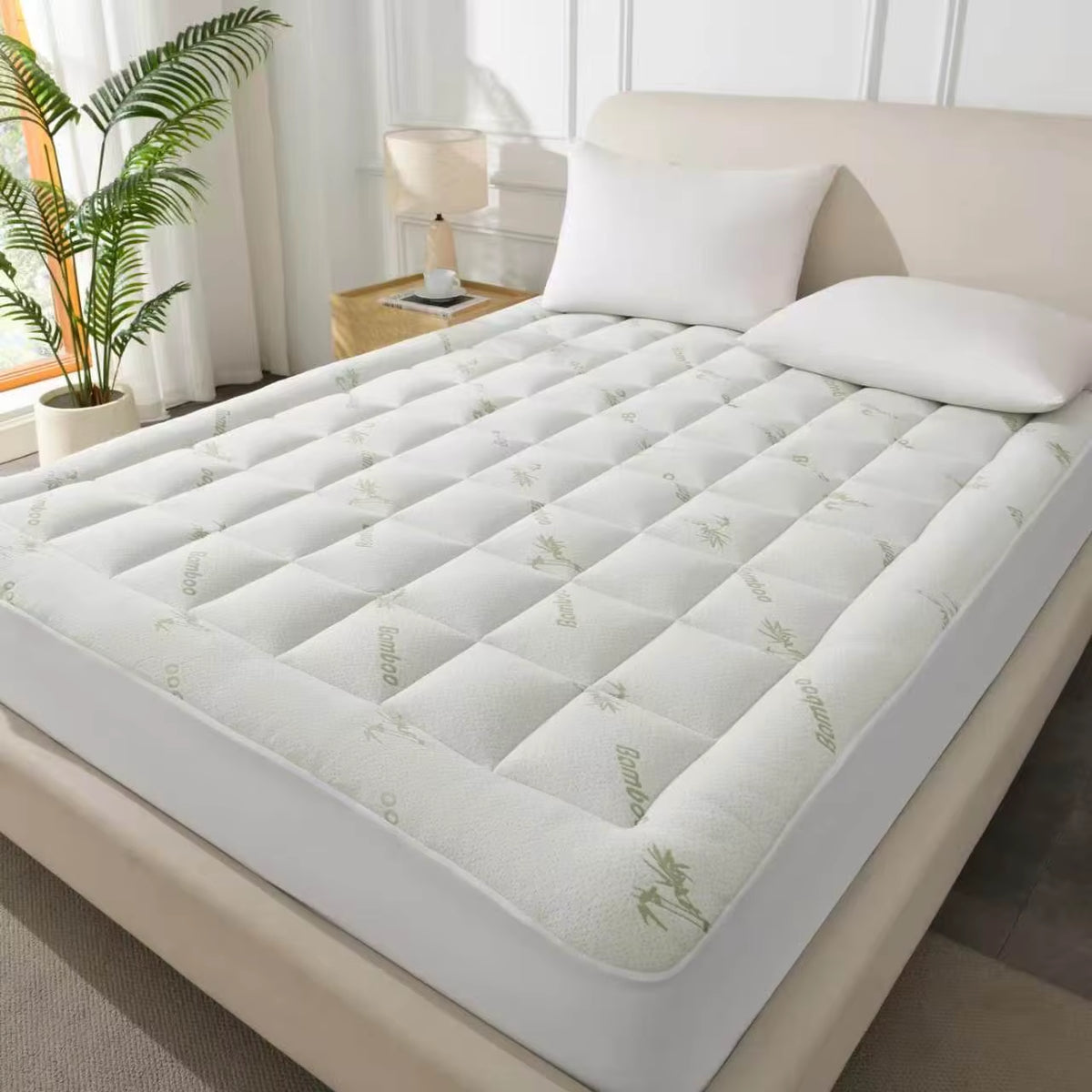 Extra Thick Bamboo Fiber Mattress Topper Cooling Breathable Quilted Mattress Pad with Deep Pocket Fitted Mattress Protector